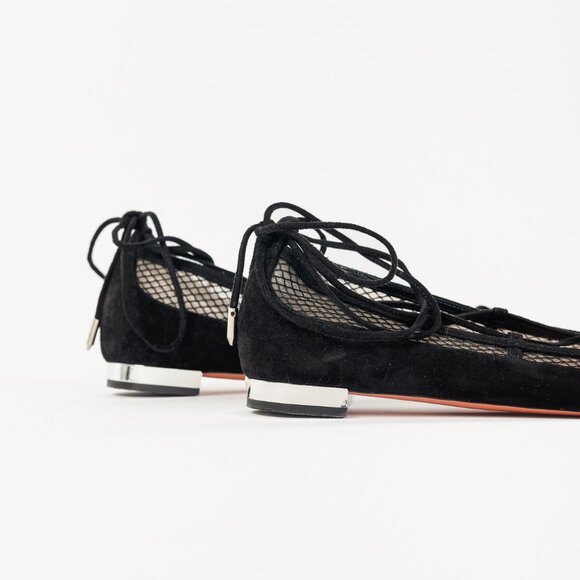 Aquazzura Dalia Black Suede & Mesh Ankle-Tie Ballet Flats - Picture 8 of 10